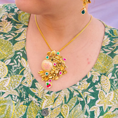 Glamorous Gold Polish Silver Necklace with Gold Leaves and Colorful Stone-Studded Flower.