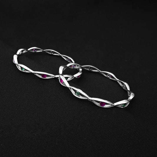 Trendy Silver Bangles with Vibrant Pink & Green Gems