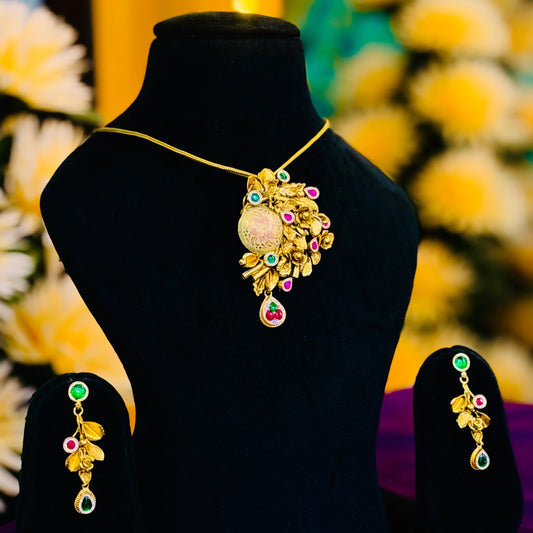 Glamorous Gold Polish Silver Necklace with Gold Leaves and Colorful Stone-Studded Flower.