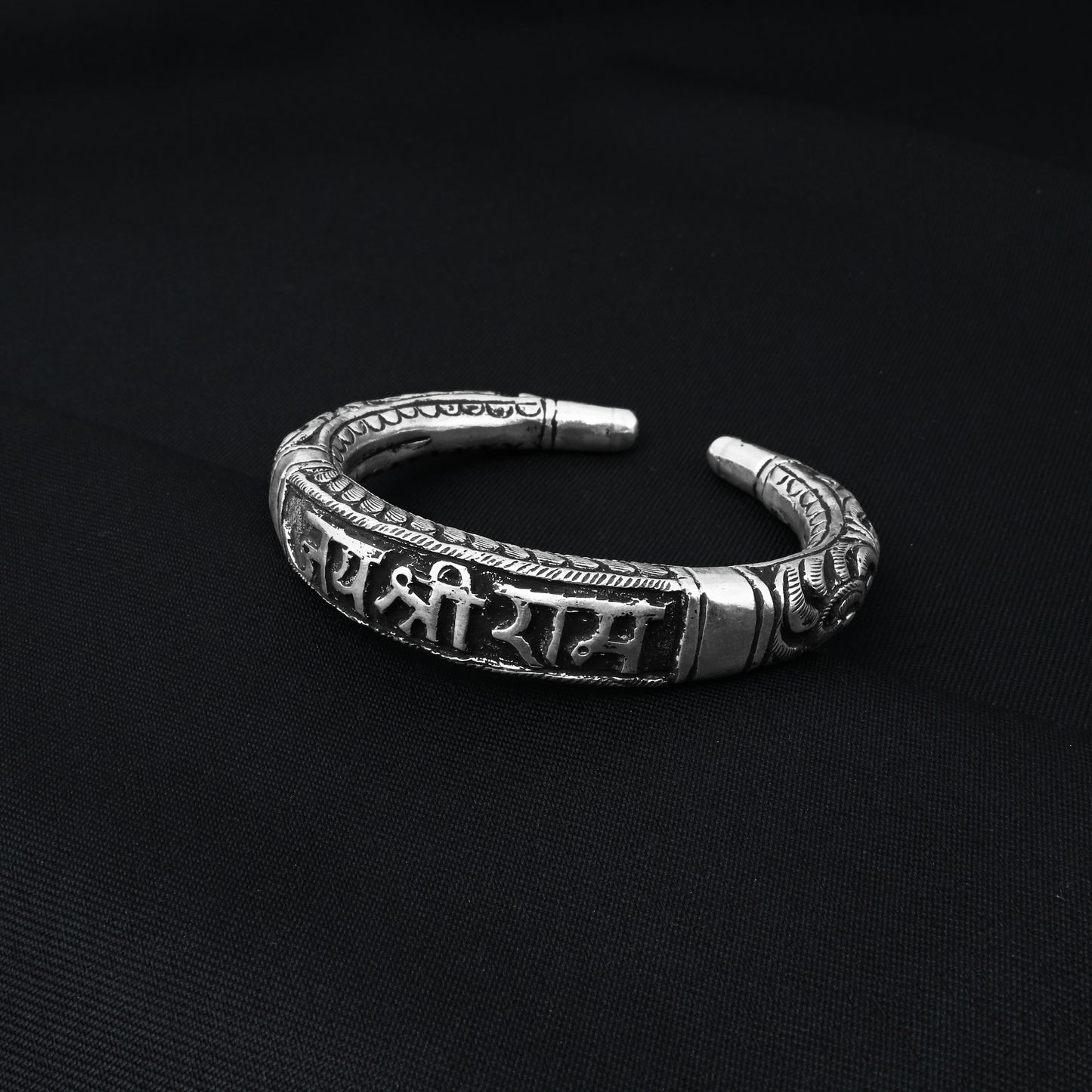 Oxidised silver kada featuring Jai Shree Ram design.