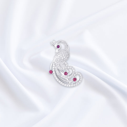 White Peacock Design Sari Pin with Pink Stone Accents.