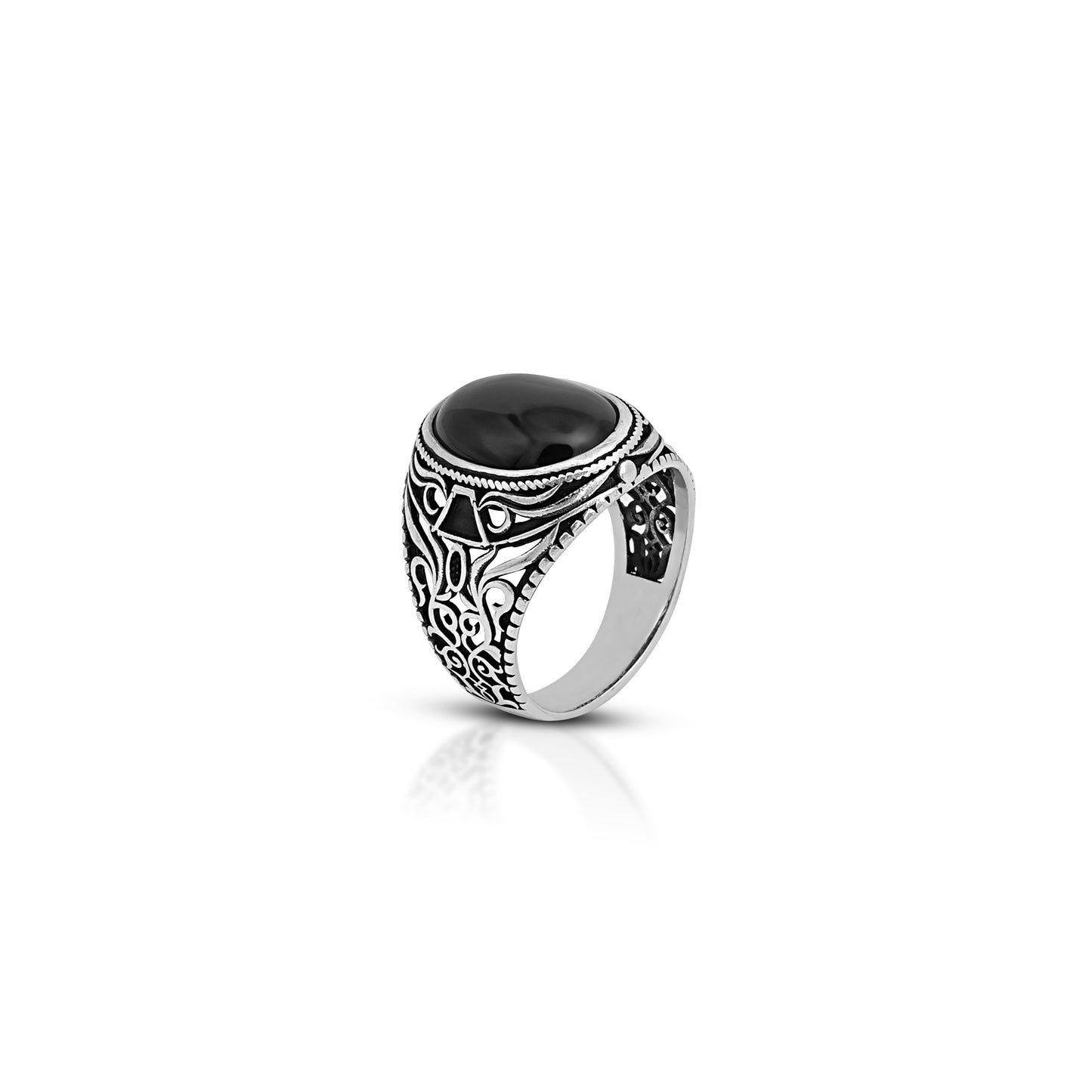 Elegant silver ring featuring a traditional design and oval black gemstone