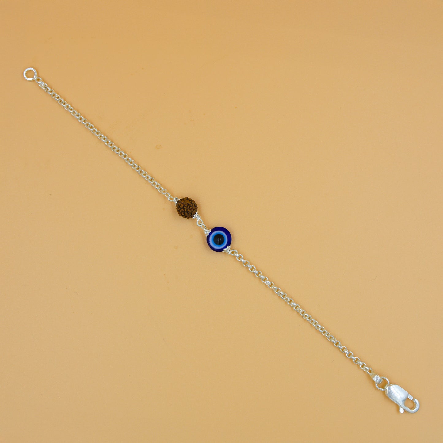 Stylish silver bracelet with evil eye and Rudraksha beads