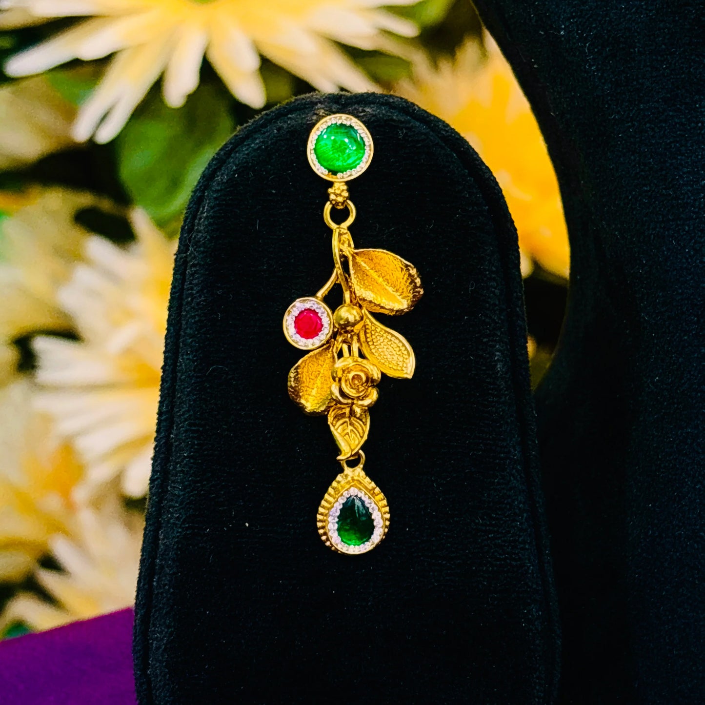 Glamorous Gold Polish Silver Necklace with Gold Leaves and Colorful Stone-Studded Flower.