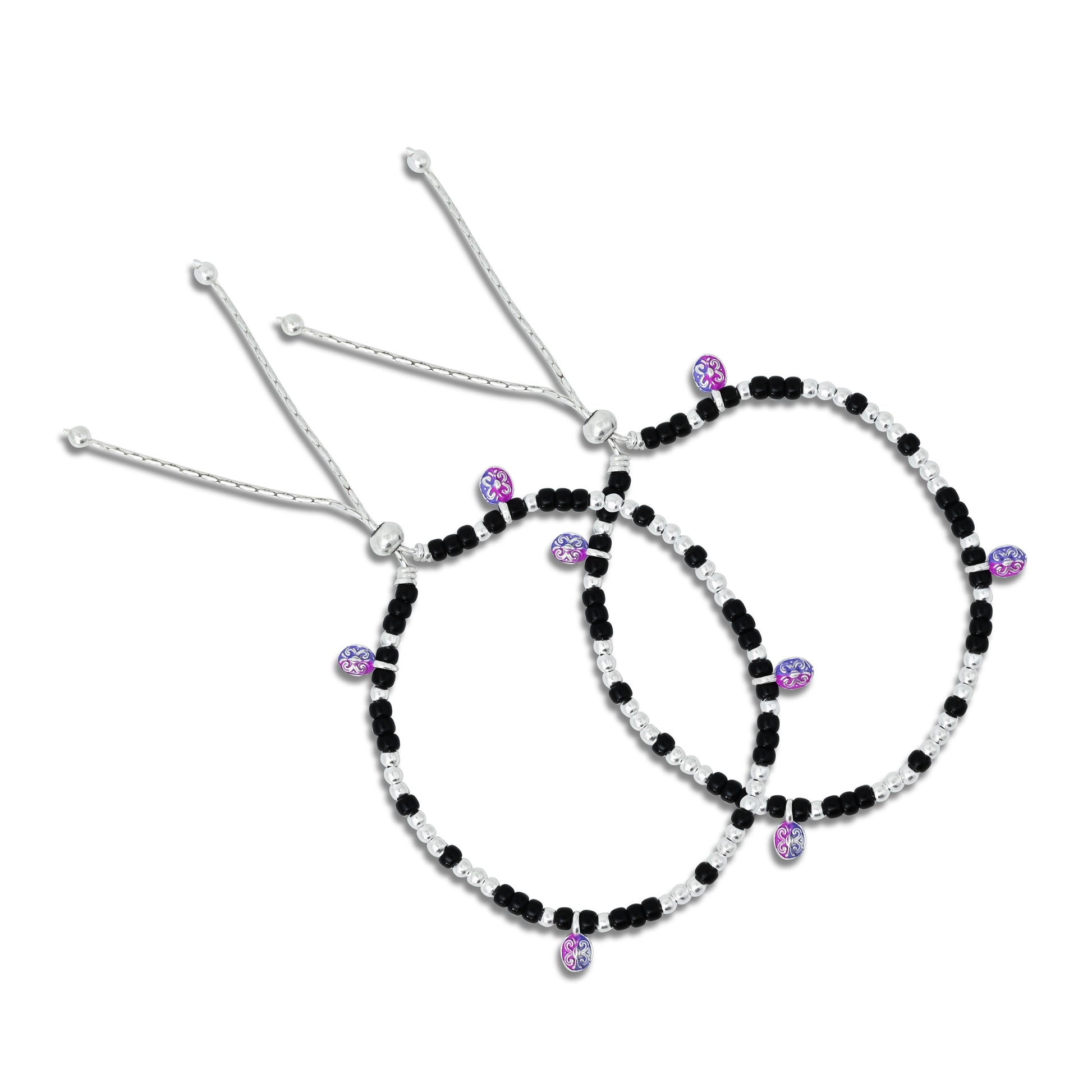 Sterling Silver combination of silver and Black Beads Anklet for Girls