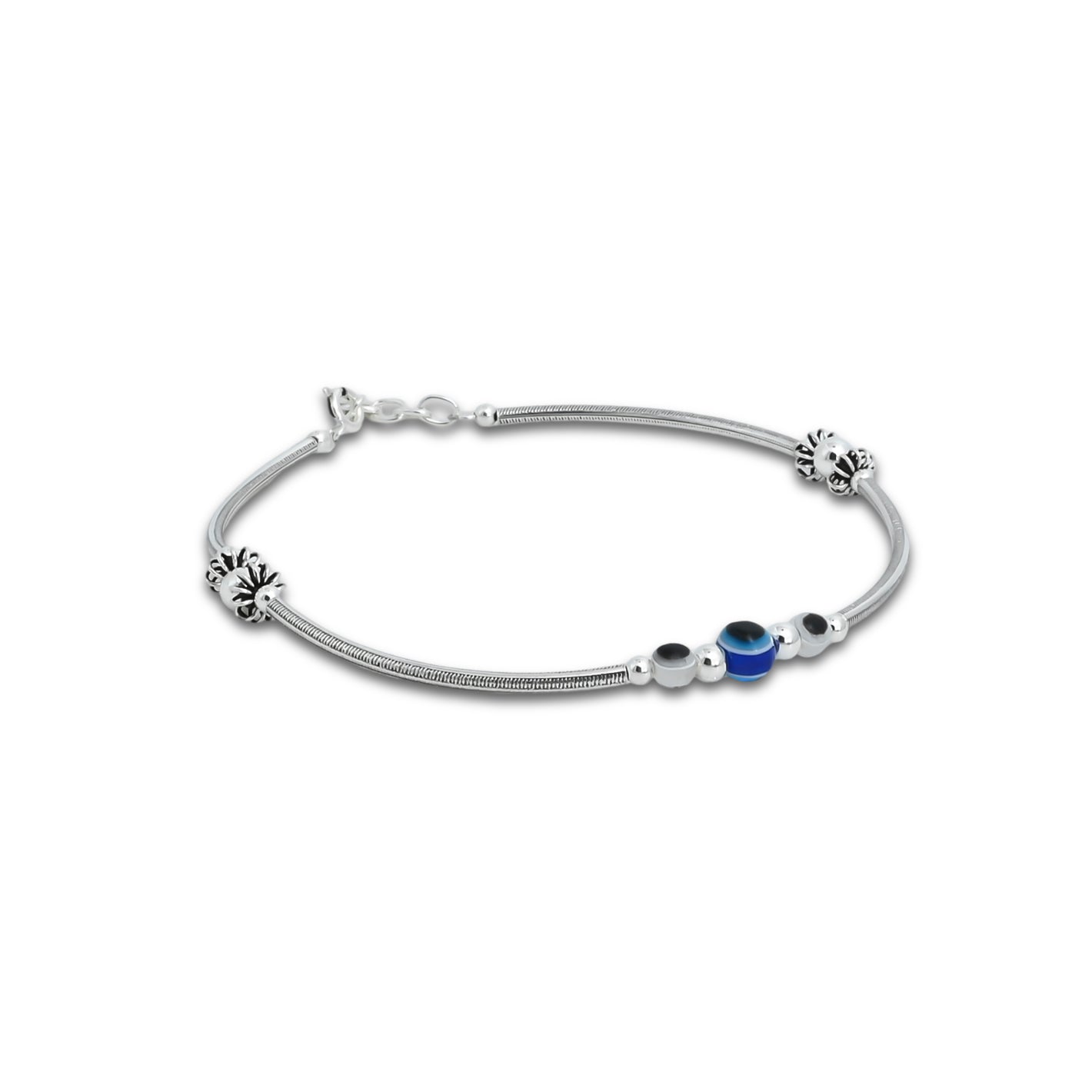 Silver anklet for girls with a striking blue and black evil eye motif, combining style and protection.