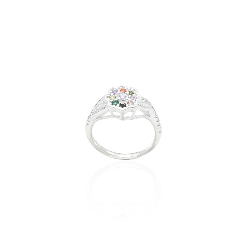 Elegant silver ring adorned with a flower-shaped design, showcasing colorful sparkling gems.