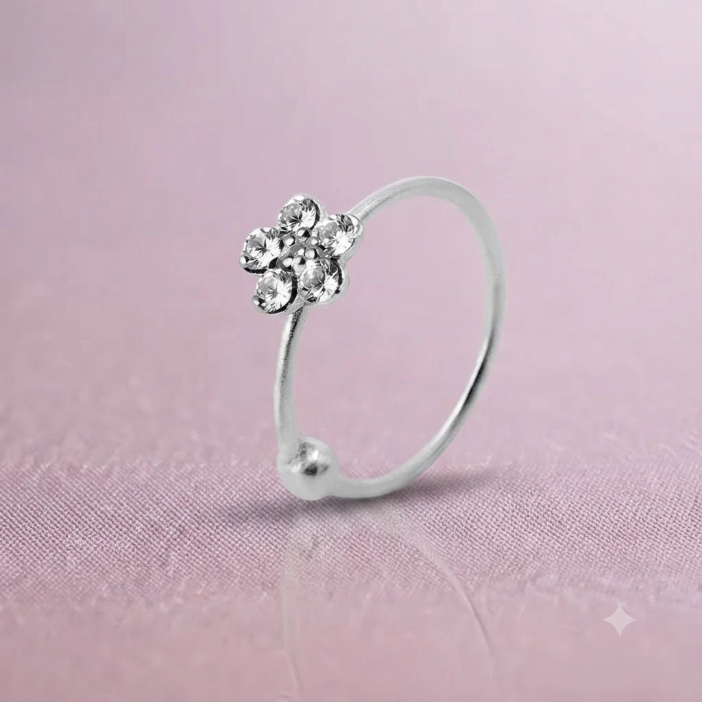 Silver Center CZ Stones Flower Design Nosepin for Girls