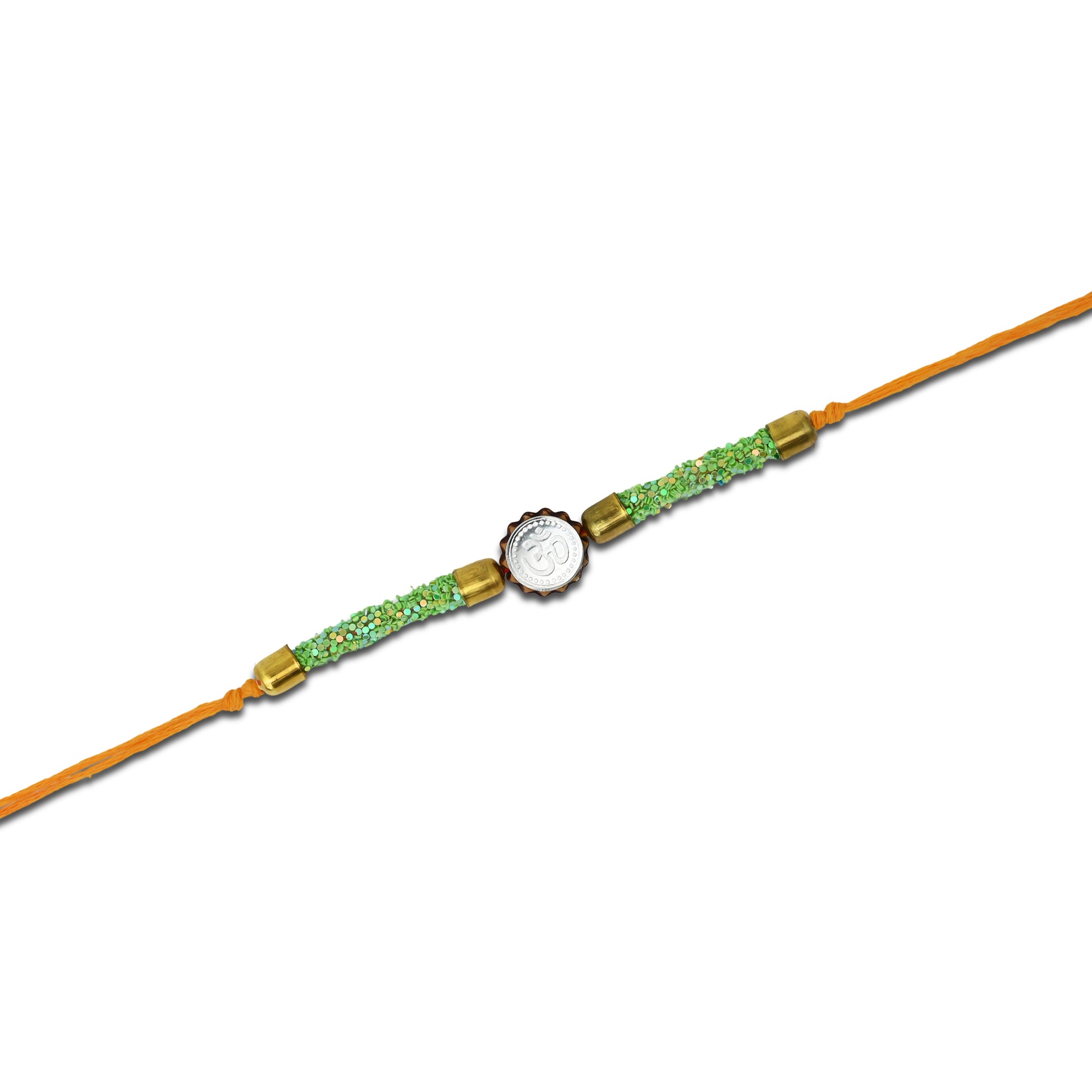 Boys' Rakhi featuring a silver Om centerpiece and green flat circular plastic beads