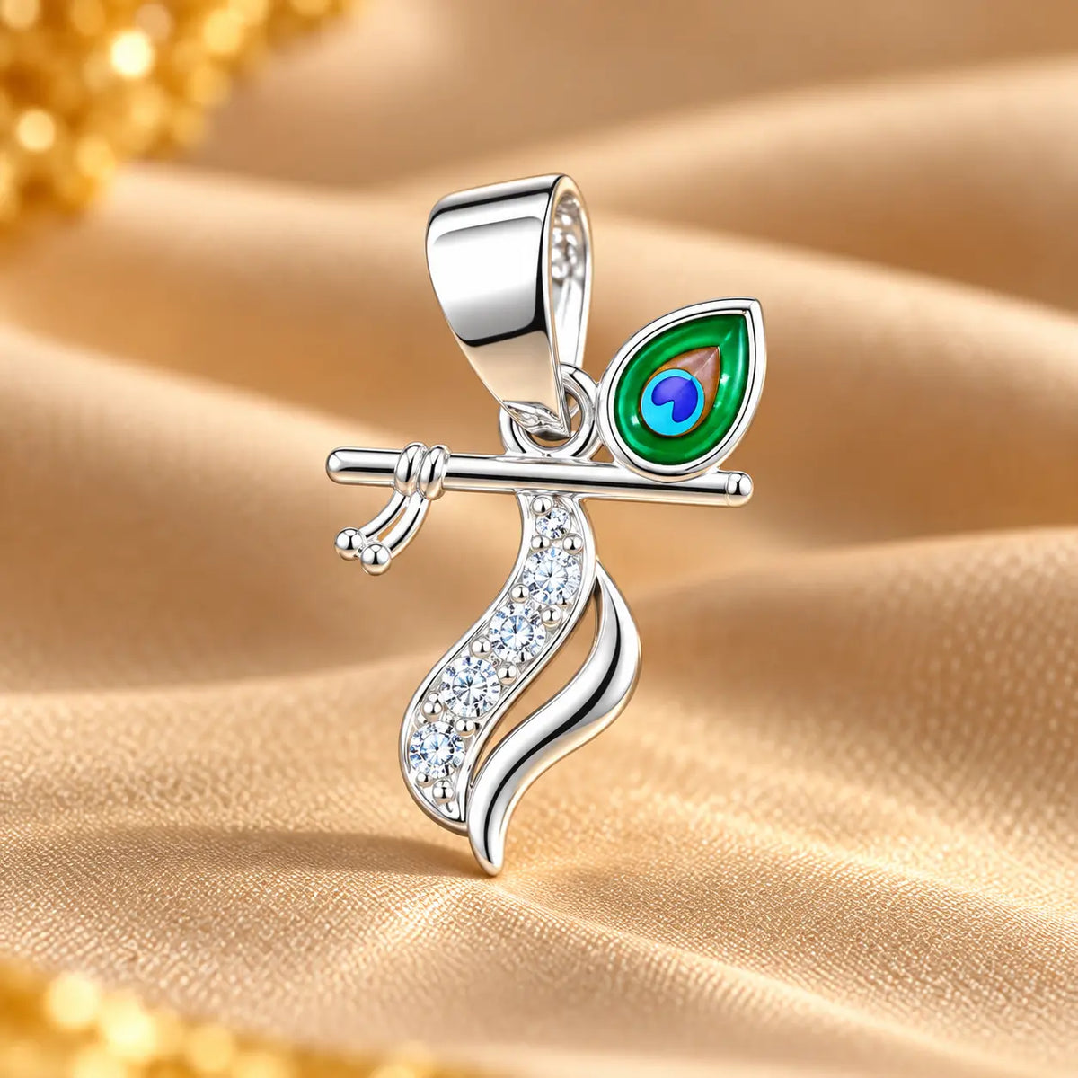 Silver Krishna Flute Pendant with Morpankh Design