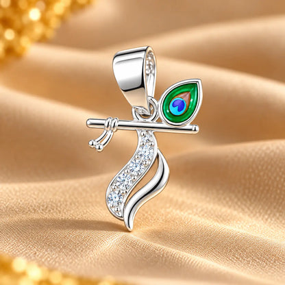 Silver Krishna Flute Pendant with Morpankh Design