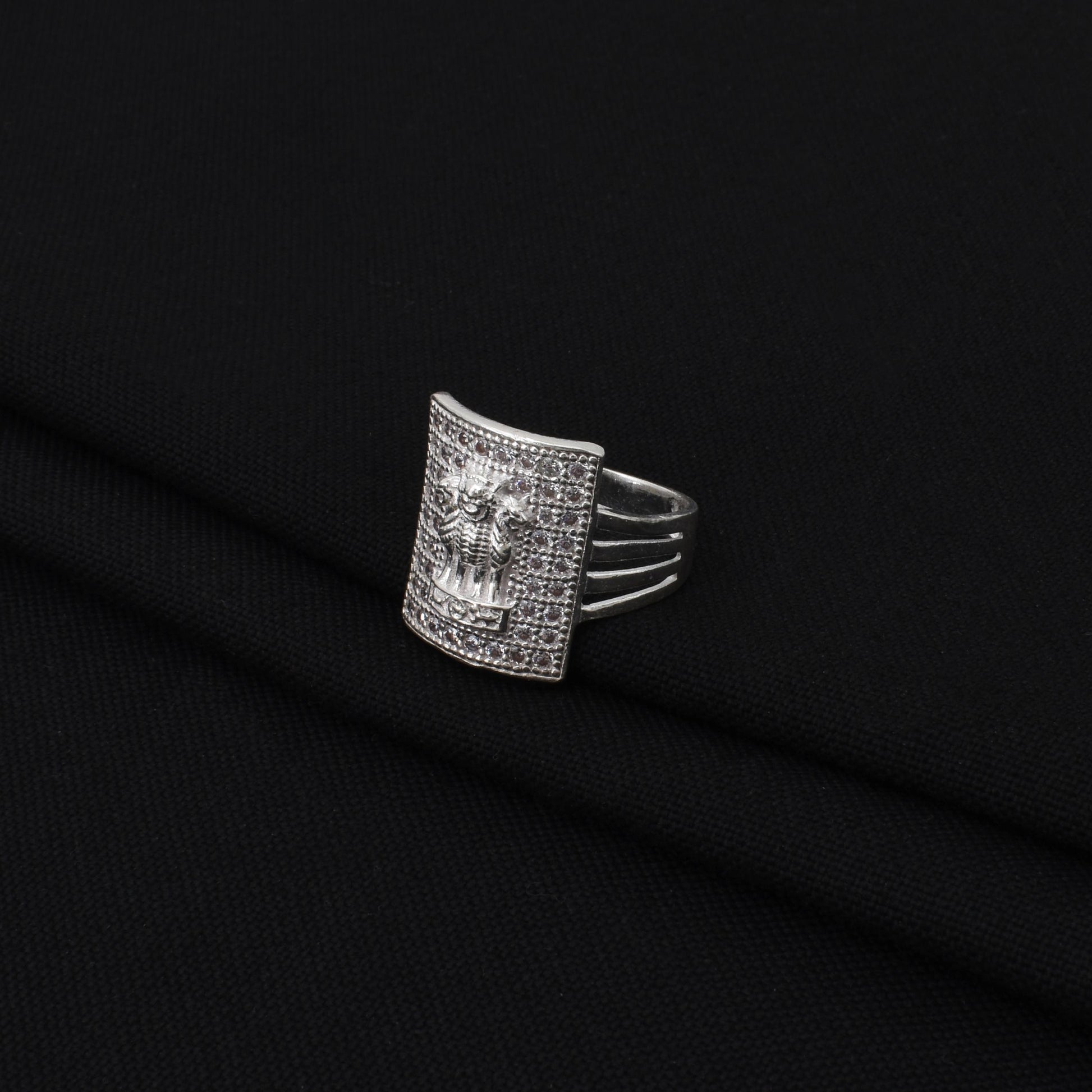 Stylish silver ring for boys with the 'Ashok Stambh' symbol, symbolizing strength and unity.