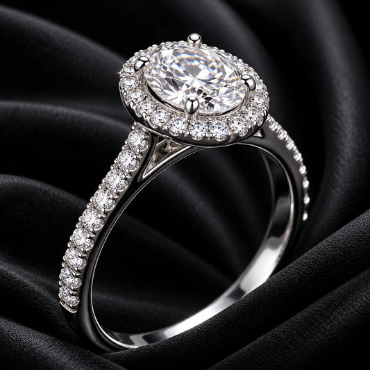 Luxury Oval Halo Diamond Ring with Pavé Band – Elegant Silver Tone Statement Ring
