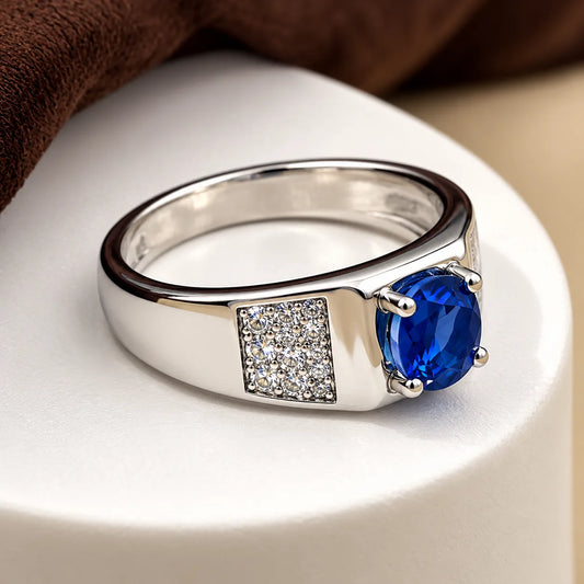 Small Round Blue Gemstone Silver Ring