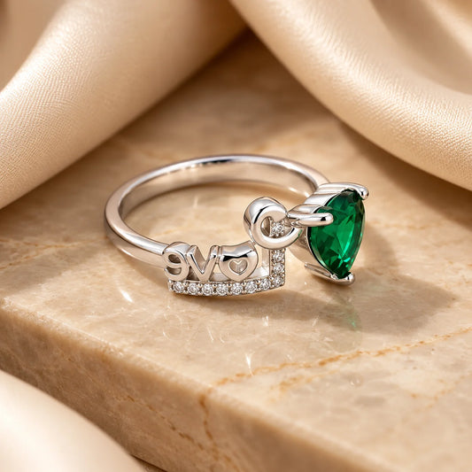 Heart Shaped Emerald Love Silver Ring