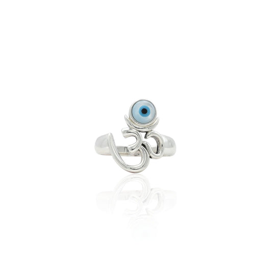 Silver boys' ring featuring dual symbols of ॐ and the evil eye, offering a blend of spiritual and protective designs