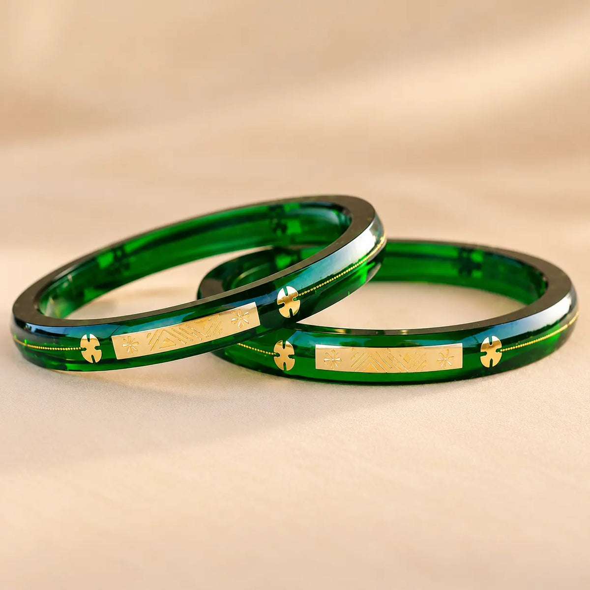 Premium Green Glass Bangles with Golden Engraved Design for Women