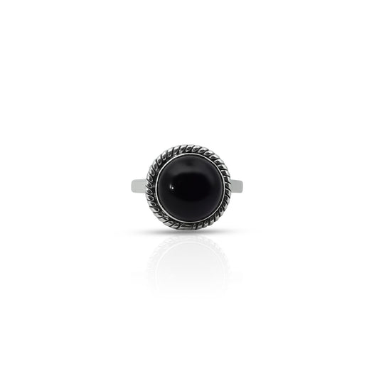 Sterling silver round ring with black gemstone.