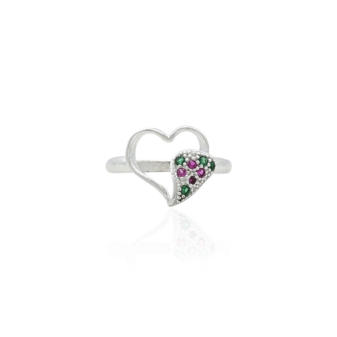 Silver ring featuring a heart-shaped design symbolizing passionate love.