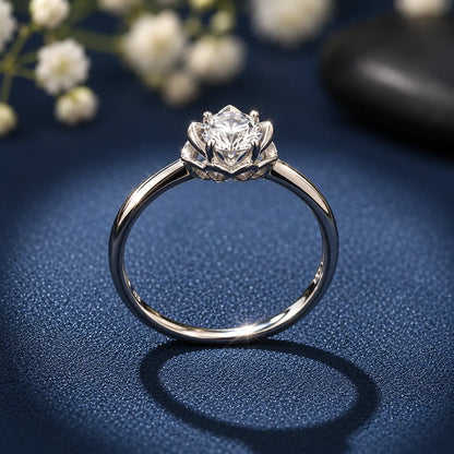 Silver Solitaire Ring with Floral Crown Ring