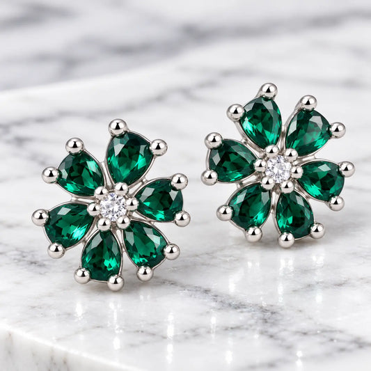 Silver Earrings with Green Gem Floral Pattern