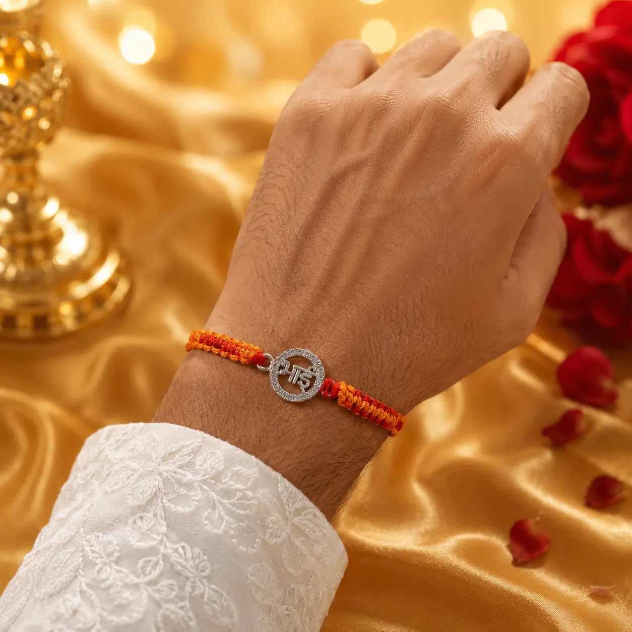 925 Sterling Silver Bhai Rakhi with Orange and Red Handmade Thread on Beige Velvet Cushion for Raksha Bandhan