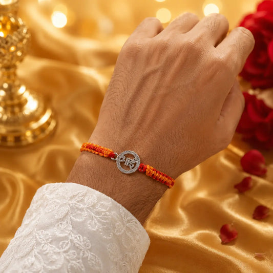 925 Sterling Silver Bhai Rakhi with Orange and Red Handmade Thread on Beige Velvet Cushion for Raksha Bandhan