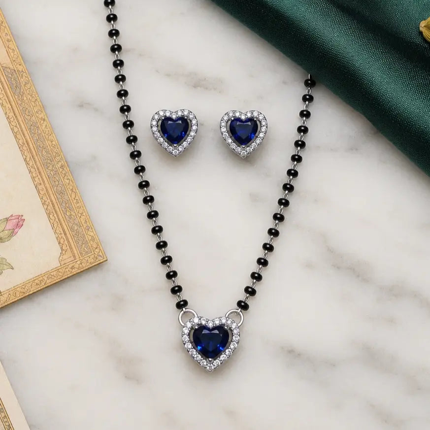 925 Silver Blue Heart Mangalsutra Set with Earrings