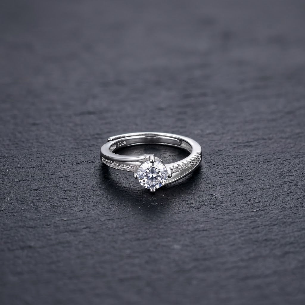 925 Silver Engagement Style Adjustable Ring with Sparkling Crystal