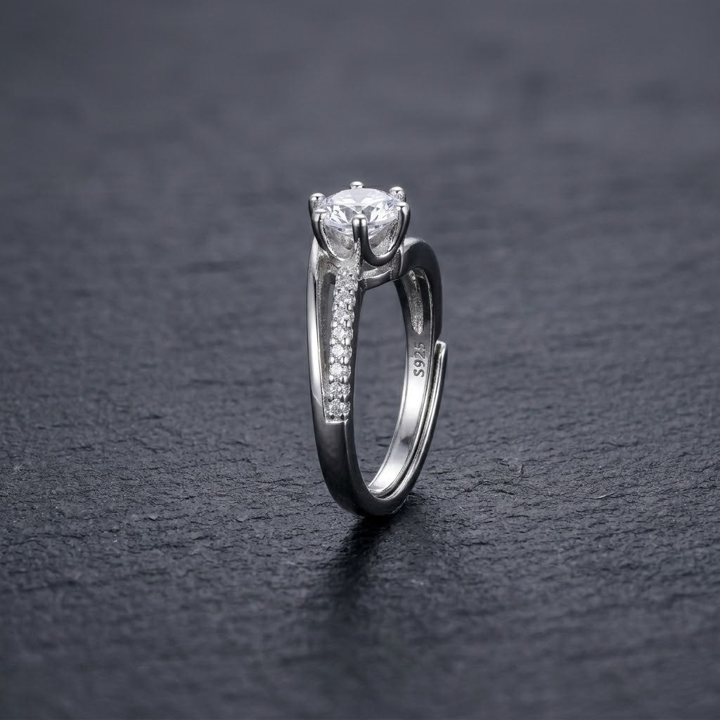 925 Silver Engagement Style Adjustable Ring with Sparkling Crystal