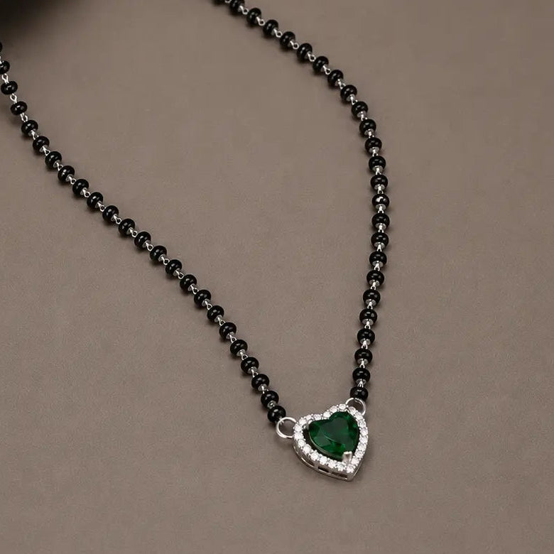 925 Silver Green Heart Mangalsutra Set with Earrings for Women