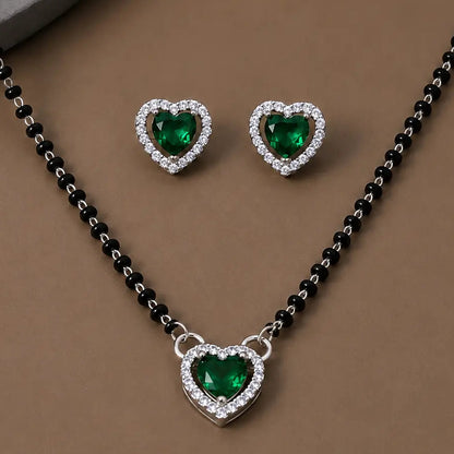 925 Silver Green Heart Mangalsutra Set with Earrings for Women