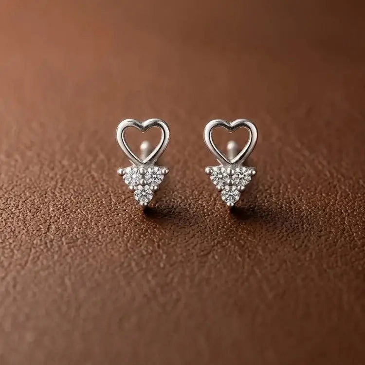 925 sterling silver heart and triangle cubic zirconia flat back stud earrings for women with screw back closure