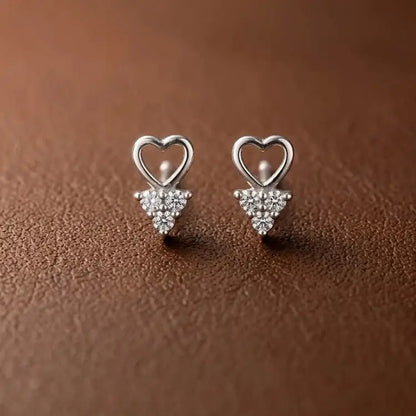 925 sterling silver heart and triangle cubic zirconia flat back stud earrings for women with screw back closure