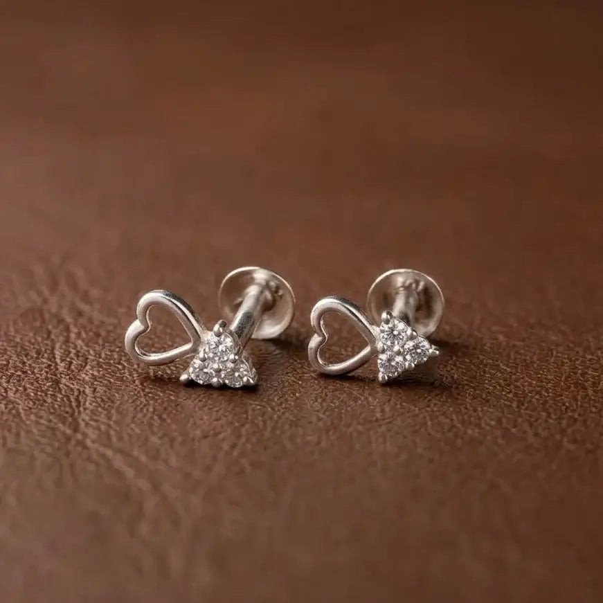 925 sterling silver heart and triangle cubic zirconia flat back stud earrings for women with screw back closure
