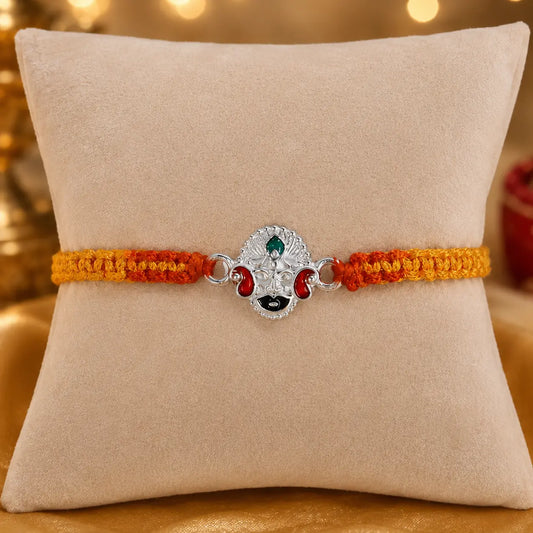 925 Sterling Silver Khatu Naresh Rakhi featuring Khatu Shyam Ji with saffron orange braided thread for Raksha Bandhan, premium silver Rakhi for brother