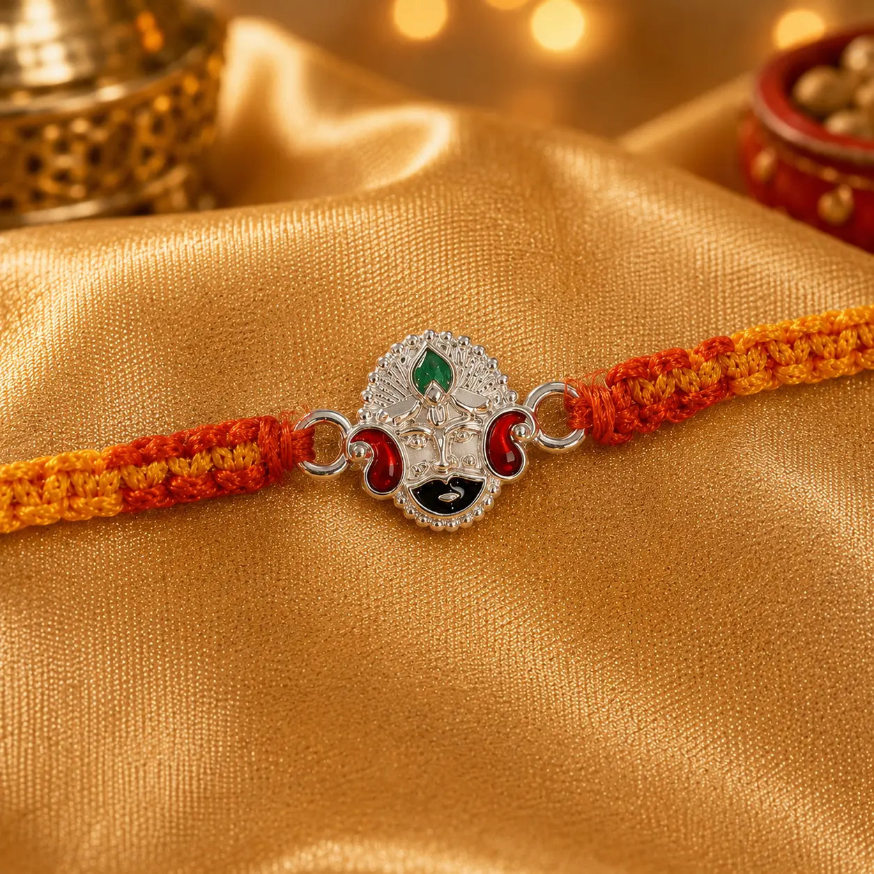 925 Sterling Silver Khatu Naresh Rakhi featuring Khatu Shyam Ji with saffron orange braided thread for Raksha Bandhan, premium silver Rakhi for brother