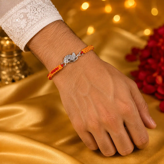 925 Sterling Silver Krishna Flute Rakhi with Peacock Feather Design and Handmade Orange Red Sacred Thread for Raksha Bandhan