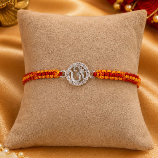 925 Sterling Silver Om Rakhi with CZ stones and handmade red yellow sacred thread for Raksha Bandhan