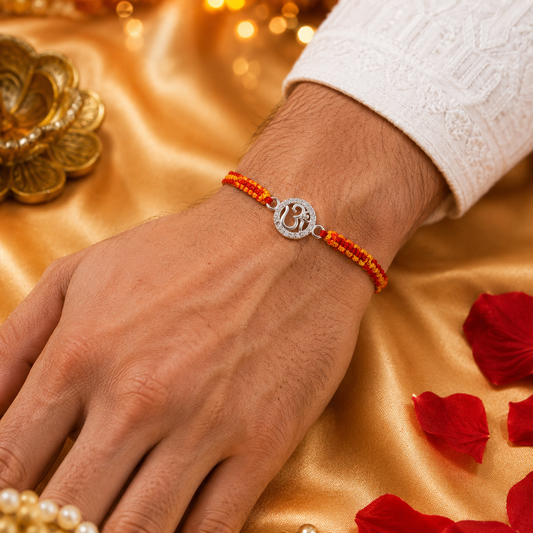 925 Sterling Silver Om Rakhi with CZ stones and handmade red yellow sacred thread for Raksha Bandhan