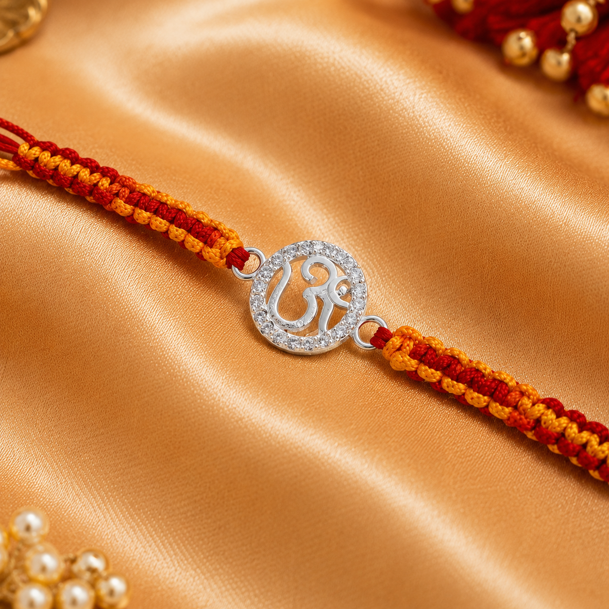 925 Sterling Silver Om Rakhi with CZ stones and handmade red yellow sacred thread for Raksha Bandhan