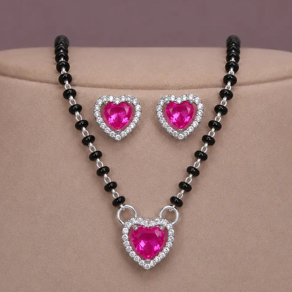 925 Silver Pink Heart Mangalsutra Pendant Set for Women with Earrings