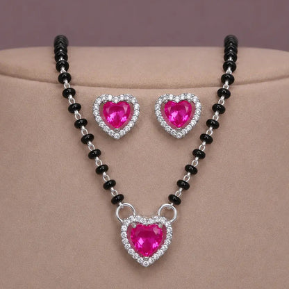 925 Silver Pink Heart Mangalsutra Pendant Set for Women with Earrings