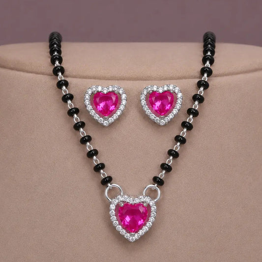 925 Silver Pink Heart Mangalsutra Pendant Set for Women with Earrings