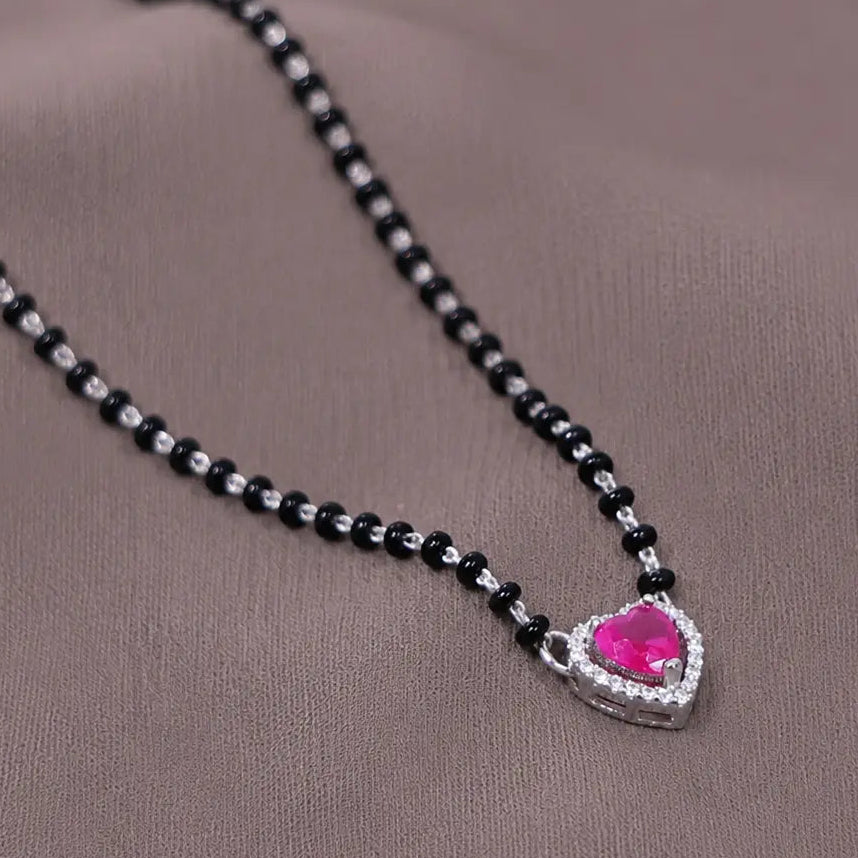 925 Silver Pink Heart Mangalsutra Pendant Set for Women with Earrings