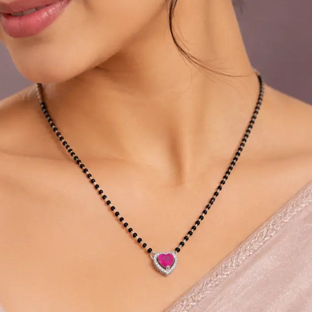 925 Silver Pink Heart Mangalsutra Pendant Set for Women with Earrings