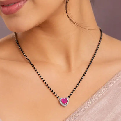 925 Silver Pink Heart Mangalsutra Pendant Set for Women with Earrings
