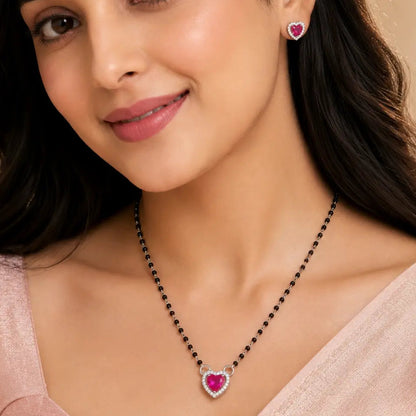 925 Silver Pink Heart Mangalsutra Pendant Set for Women with Earrings