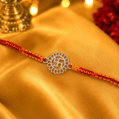 925 Sterling Silver Swastik Rakhi with handcrafted orange and red sacred thread for Raksha Bandhan