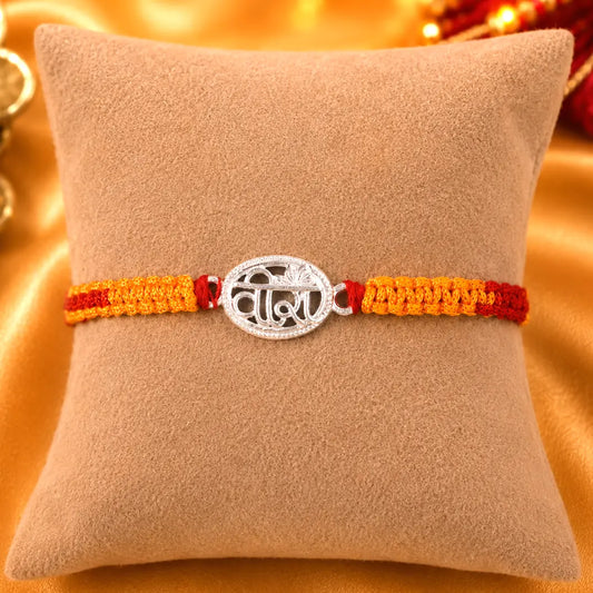 925 Sterling Silver Veera Hindi Rakhi with handcrafted red and yellow sacred thread for Raksha Bandhan